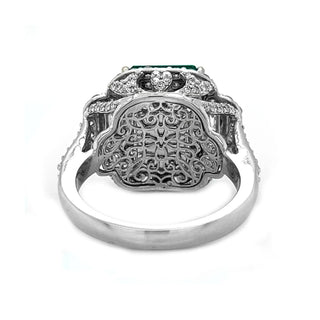 Natural Mined Emerald Cut Green Emerald and Diamond 3 Stone Ring White Gold