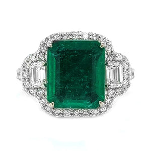Natural Emerald Cut Green Emerald and Diamond 3 Stone Ring, in White Gold