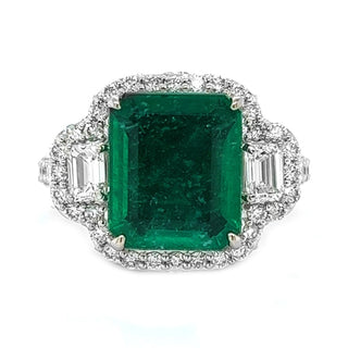Natural Mined Emerald Cut Green Emerald and Diamond 3 Stone Ring White Gold