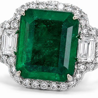 Natural Emerald Cut Green Emerald and Diamond 3 Stone Ring 18KT White Gold