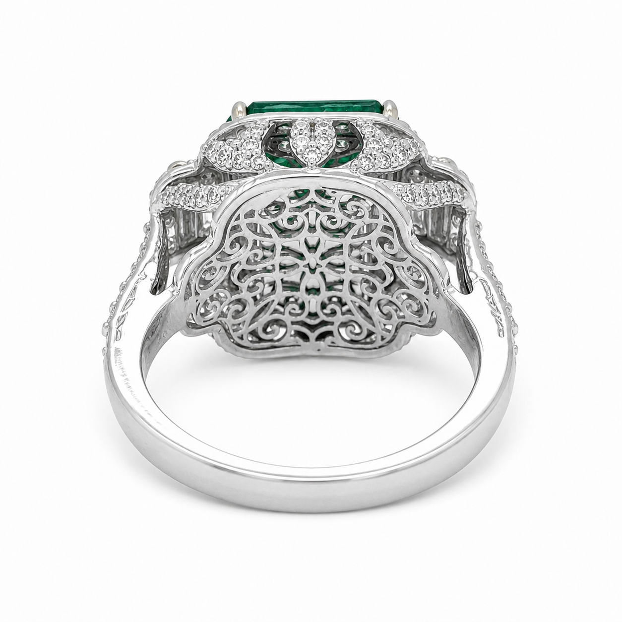 Natural Emerald Cut Green Emerald and Diamond 3 Stone Ring 18KT White Gold