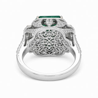 Natural Emerald Cut Green Emerald and Diamond 3 Stone Ring 18KT White Gold