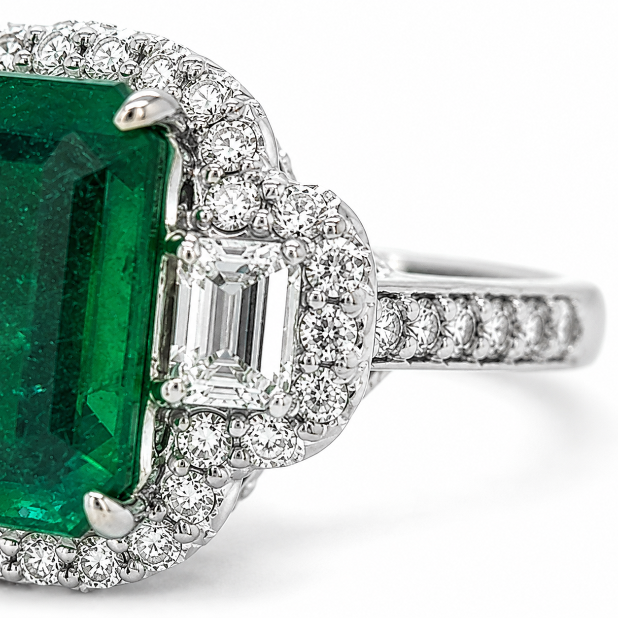 Natural Emerald Cut Green Emerald and Diamond 3 Stone Ring 18KT White Gold