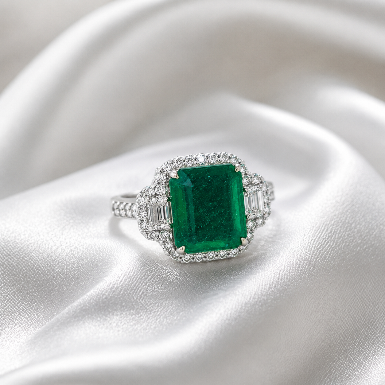 Natural Emerald Cut Green Emerald and Diamond 3 Stone Ring 18KT White Gold