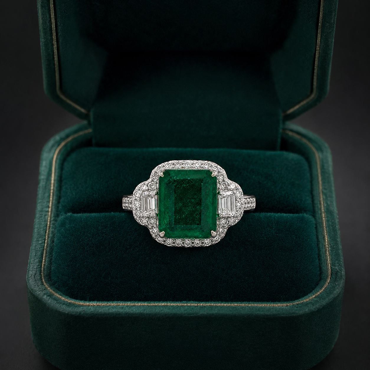 Natural Emerald Cut Green Emerald and Diamond 3 Stone Ring 18KT White Gold
