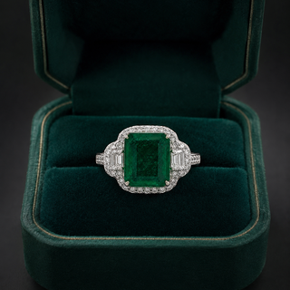 Natural Emerald Cut Green Emerald and Diamond 3 Stone Ring 18KT White Gold
