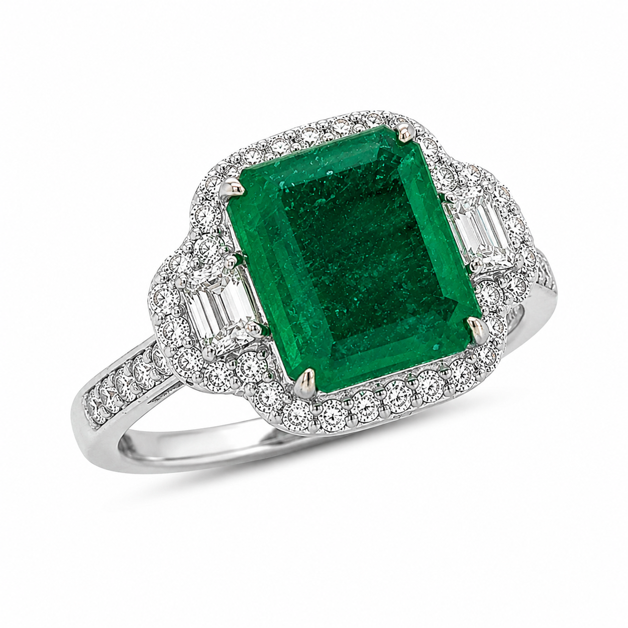 Natural Emerald Cut Green Emerald and Diamond 3 Stone Ring 18KT White Gold