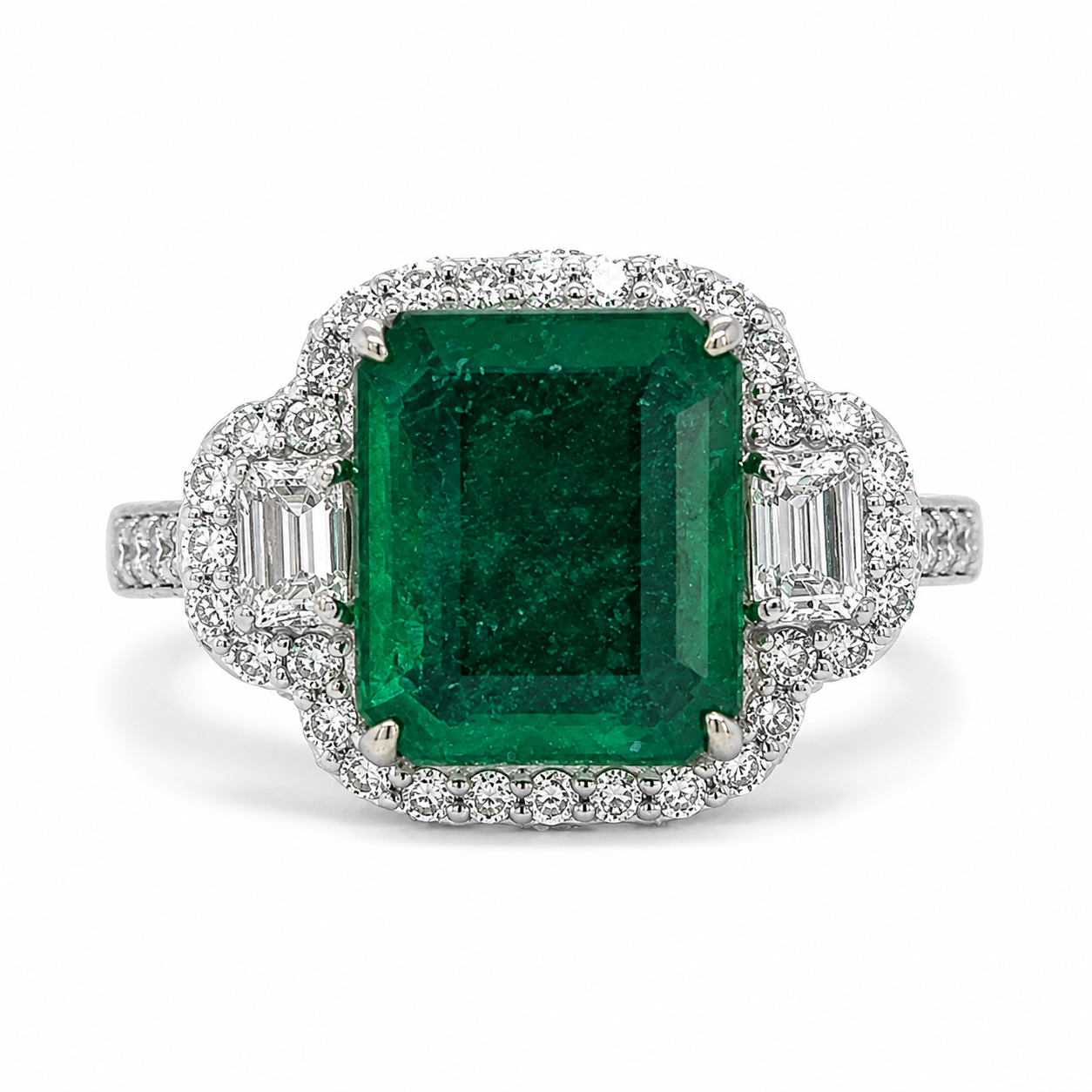 Natural Emerald Cut Green Emerald and Diamond 3 Stone Ring 18KT White Gold