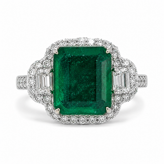 Natural Emerald Cut Green Emerald and Diamond 3 Stone Ring 18KT White Gold