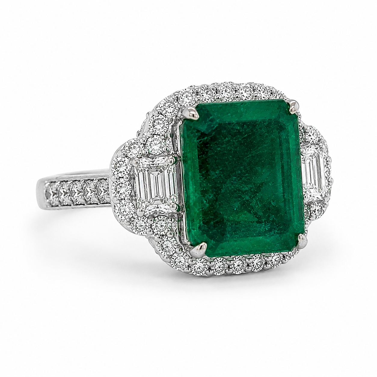 Natural Emerald Cut Green Emerald and Diamond 3 Stone Ring 18KT White Gold