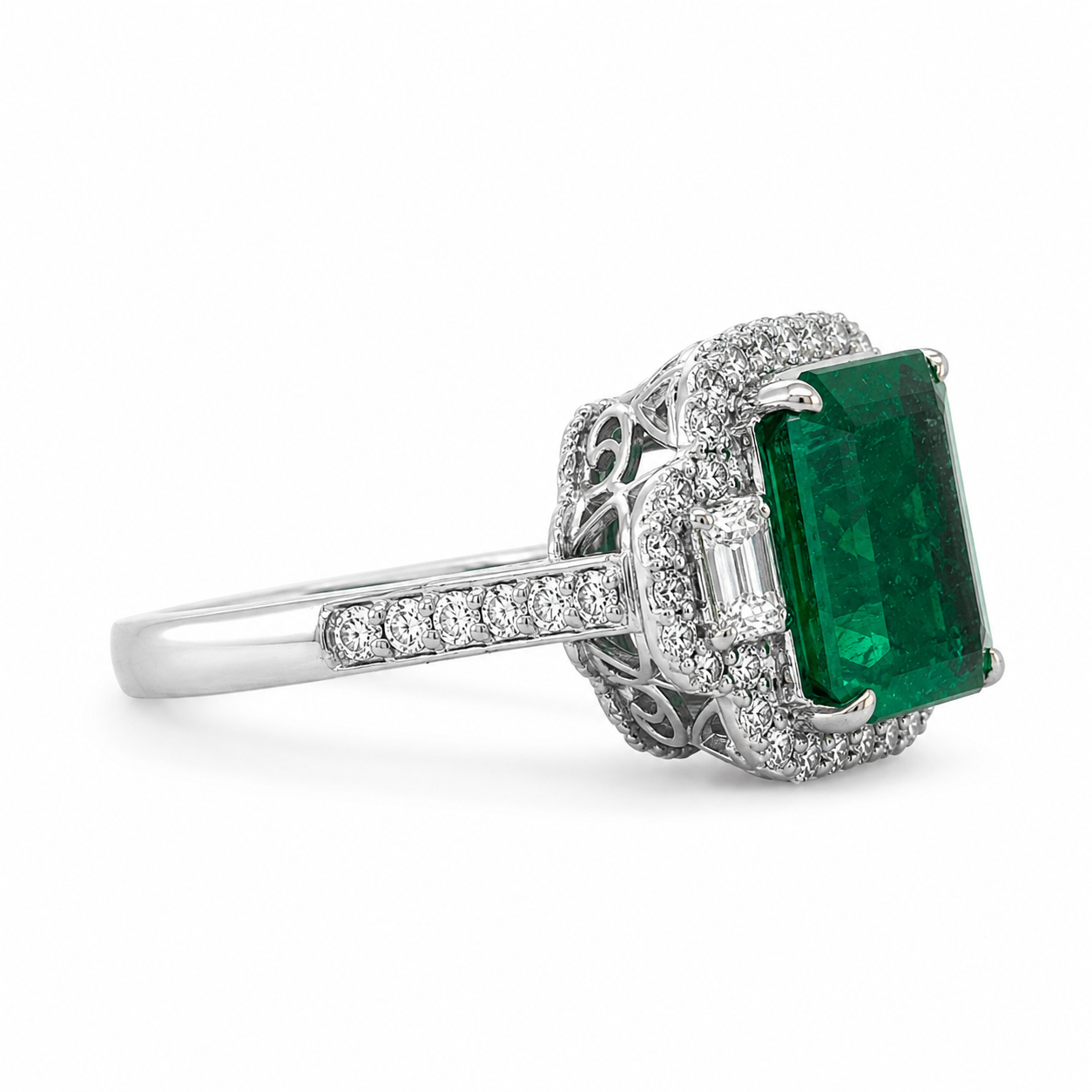 Natural Emerald Cut Green Emerald and Diamond 3 Stone Ring 18KT White Gold