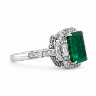 Natural Emerald Cut Green Emerald and Diamond 3 Stone Ring 18KT White Gold
