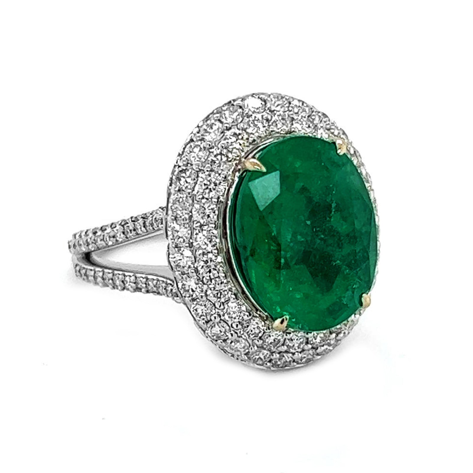 Natural Green Emerald Diamond Halo Cocktail Ring, in White Gold