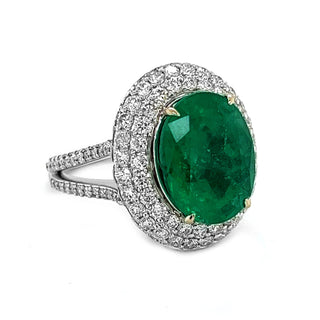 Natural Mined Green Emerald Diamond Halo Cocktail Ring White Gold GIA