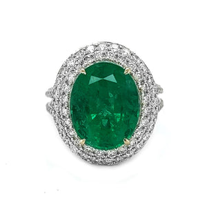 Natural Green Emerald Diamond Halo Cocktail Ring, in White Gold