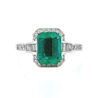 Natural Mined Emerald Cut Green Emerald and Diamond Halo Cocktail Ring White Gold