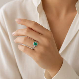 Natural Green Emerald Cocktail Ring 18KT White Gold