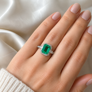 Natural Green Emerald Cocktail Ring 18KT White Gold