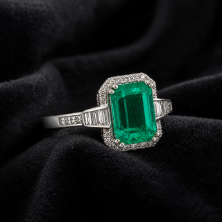 Natural Green Emerald Cocktail Ring 18KT White Gold
