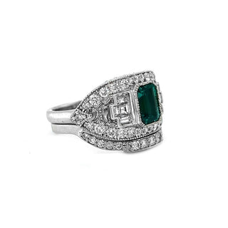 Natural Mined Step Cut Green Emerald and Diamond Halo Ring White Gold GIA
