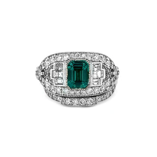 Natural Mined Step Cut Green Emerald and Diamond Halo Ring White Gold GIA