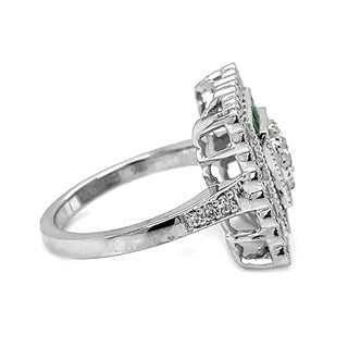 Natural Old European Cut Diamond Halo Emerald Art Deco Ring, in White Gold