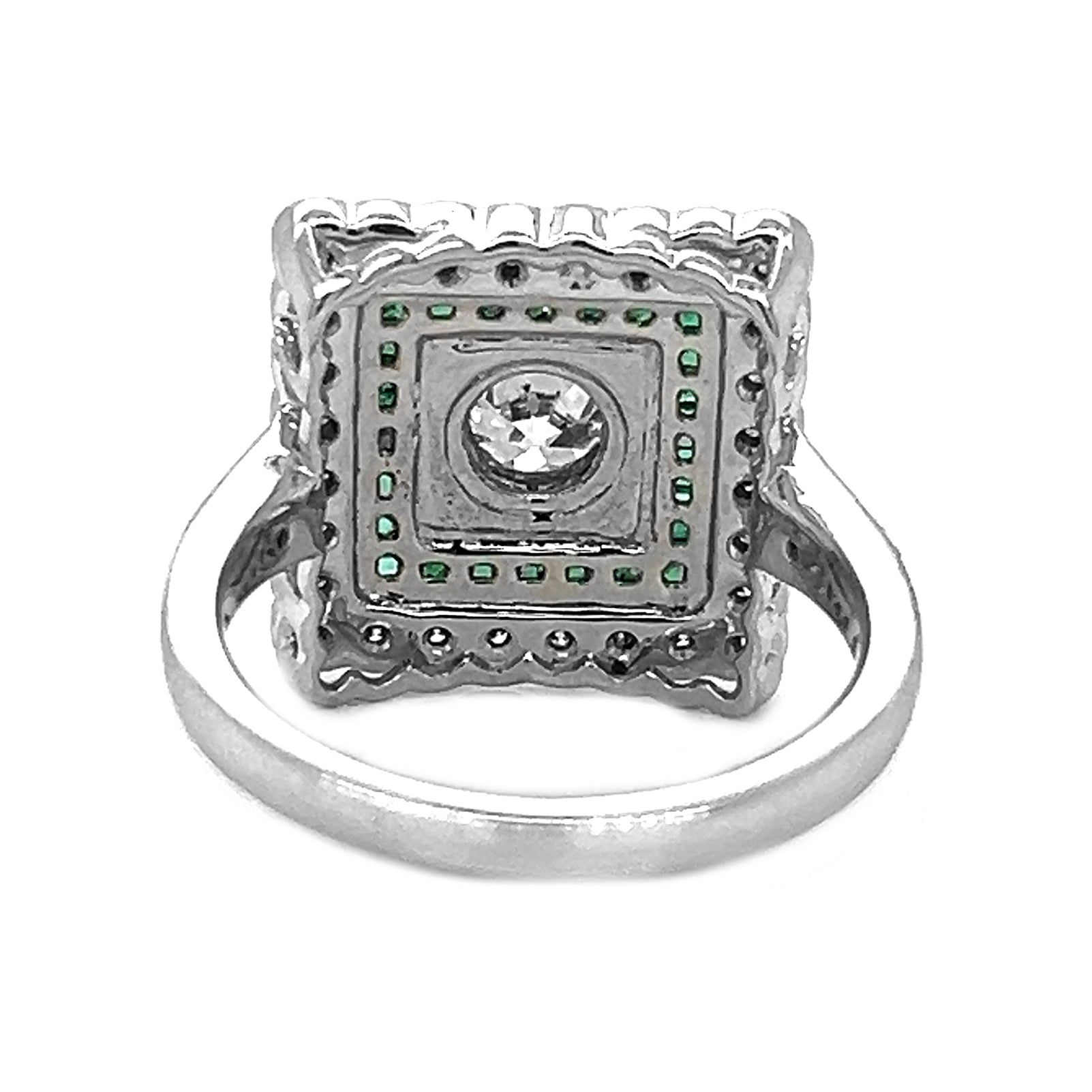 Natural Old European Cut Diamond Halo Emerald Art Deco Ring, in White Gold