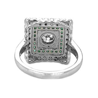 Natural Old European Cut Diamond Halo Emerald Art Deco Ring, in White Gold