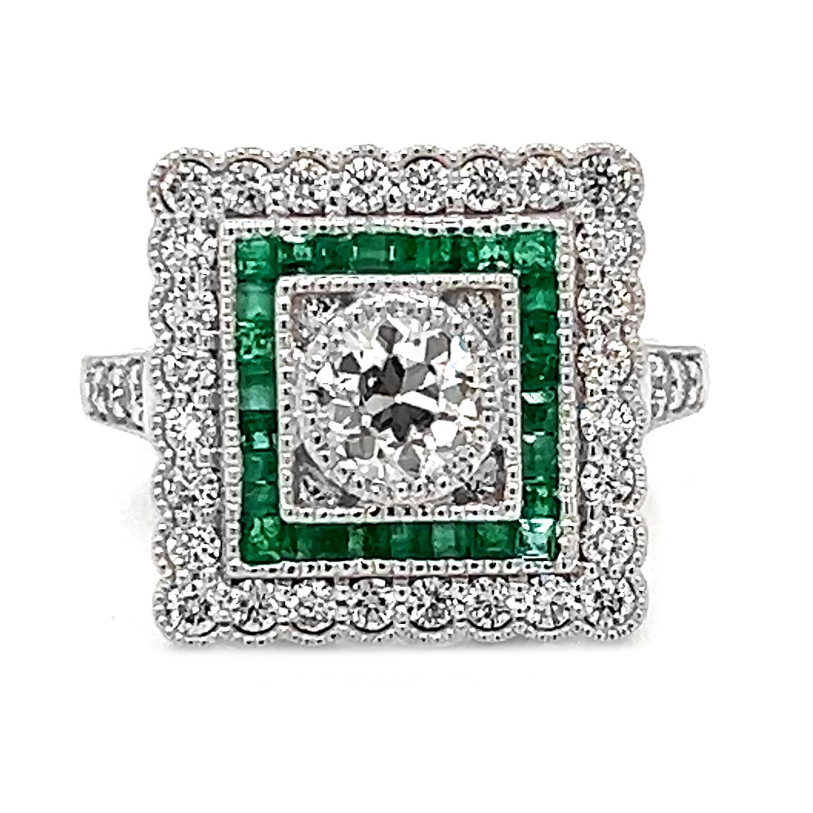 Natural Old European Cut Diamond Halo Emerald Art Deco Ring, in White Gold