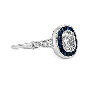 Natural Diamond and Blue Sapphire Halo Art Deco Ring, in White Gold