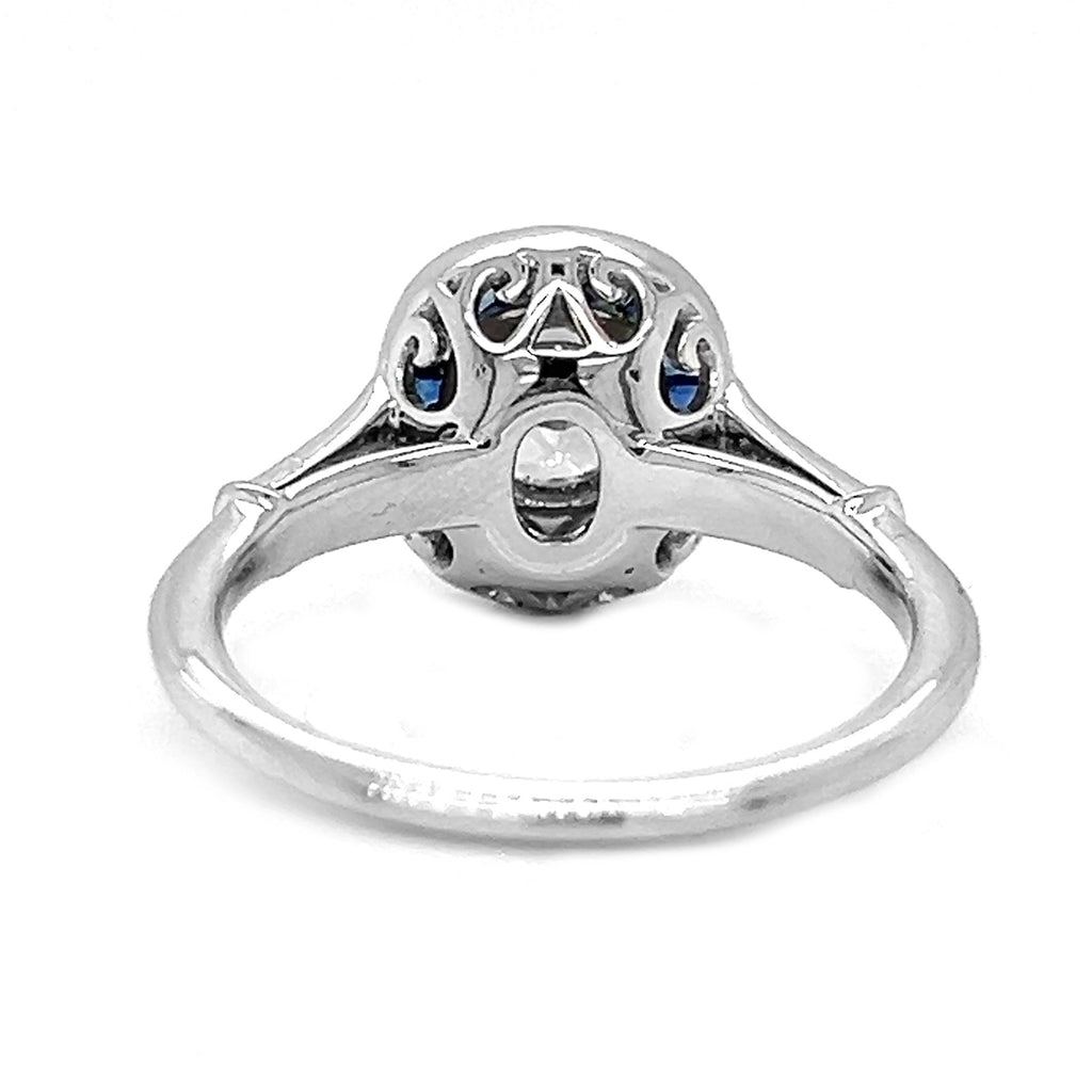 Natural Diamond and Blue Sapphire Halo Art Deco Ring, in White Gold