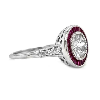 Natural Diamond and Ruby Halo Art Deco Ring, in White Gold