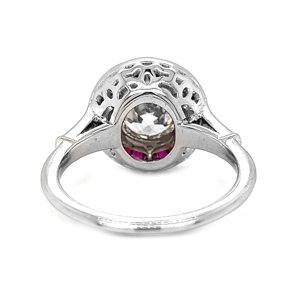 Natural Diamond and Ruby Halo Art Deco Ring, in White Gold