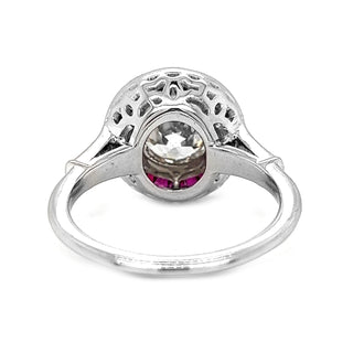 Natural Diamond and Ruby Halo Art Deco Ring, in White Gold
