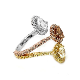 Natural Mined Heart Shaped Fancy Yellow, Orange Brown Diamond Halo Bypass Ring Yellow Gold