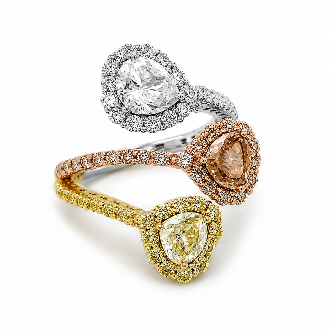 Natural Heart Shaped Fancy Yellow, Orange Brown Diamond Halo Bypass Ring 18KT Yellow Gold