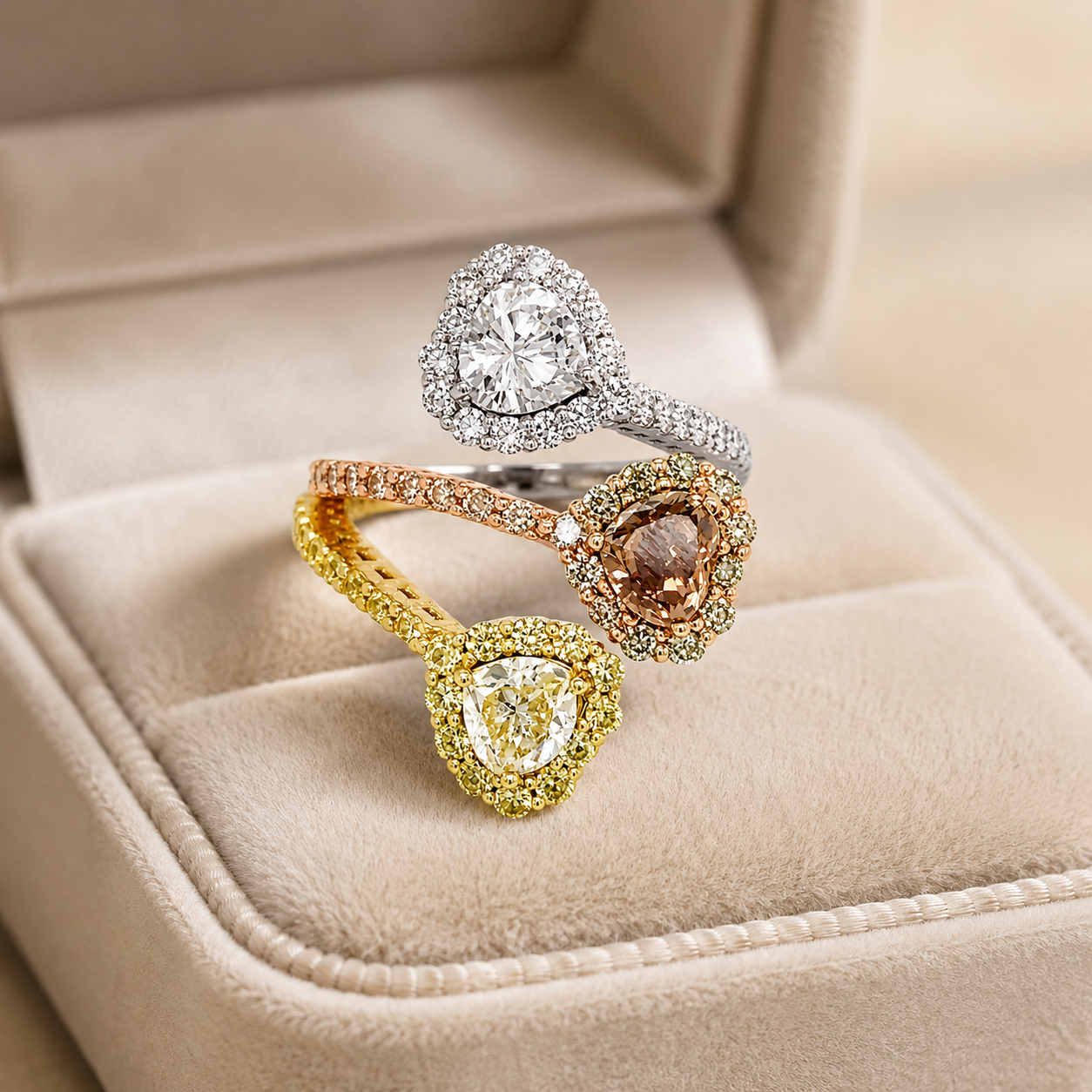 Natural Heart Shaped Fancy Yellow, Orange Brown Diamond Halo Bypass Ring 18KT Yellow Gold