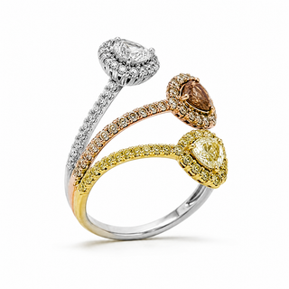 Natural Heart Shaped Fancy Yellow, Orange Brown Diamond Halo Bypass Ring 18KT Yellow Gold