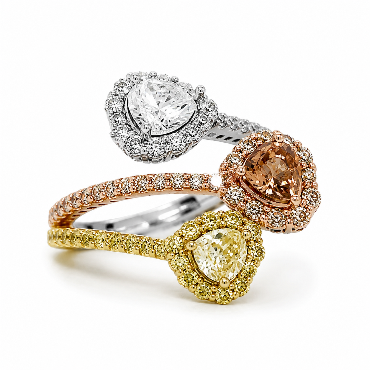 Natural Heart Shaped Fancy Yellow, Orange Brown Diamond Halo Bypass Ring 18KT Yellow Gold