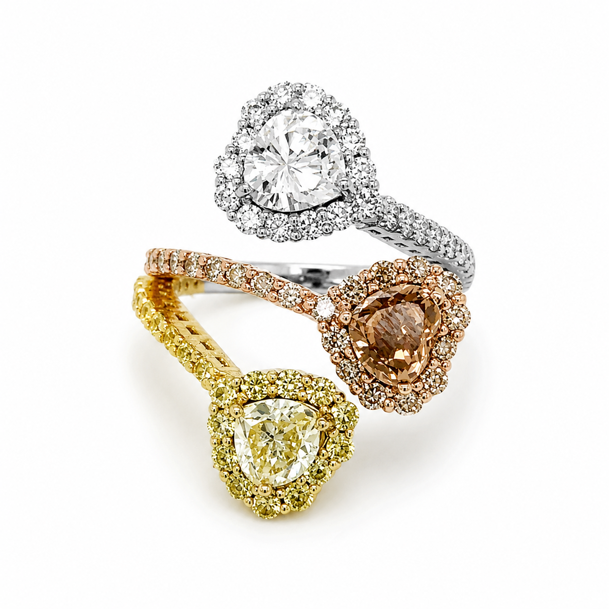 Natural Heart Shaped Fancy Yellow, Orange Brown Diamond Halo Bypass Ring 18KT Yellow Gold
