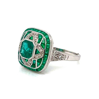 Natural Mined Emerald Diamond Cocktail Art Deco Ring White Gold