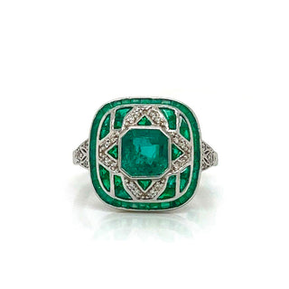 Natural Mined Emerald Diamond Cocktail Art Deco Ring White Gold