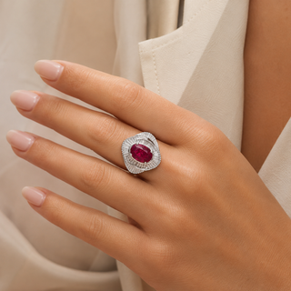 Natural Red Ruby Diamond Cluster Halo Cocktail Ring