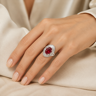 Natural Red Ruby Diamond Cluster Halo Cocktail Ring