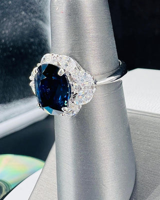 Natural Mined Blue Sapphire and Diamond Halo Cocktail Ring Platinum GIA
