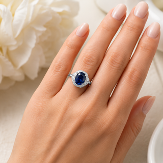 Natural Blue Sapphire and Diamond Halo Cocktail Platinum Ring