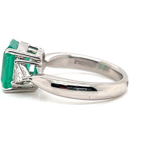 Natural Mined Emerald and Diamond 3 Stone Platinum Ring GIA