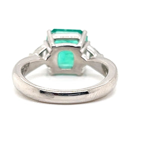Natural Mined Emerald and Diamond 3 Stone Platinum Ring GIA