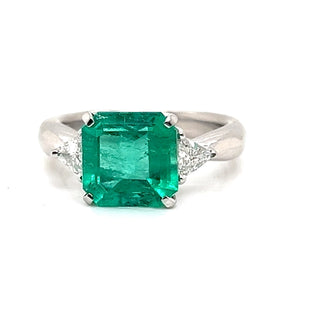 Natural Mined Emerald and Diamond 3 Stone Platinum Ring GIA