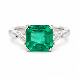 Natural Emerald and Diamond 3 Stone Platinum Ring GIA